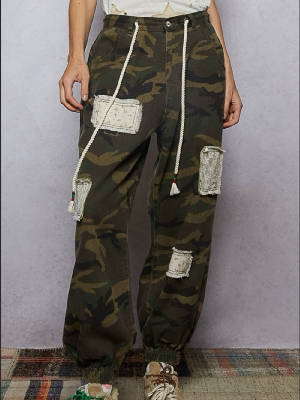 POL. Camouflage Cargo Patchwork Jogger Pants. NWT Size Sm.